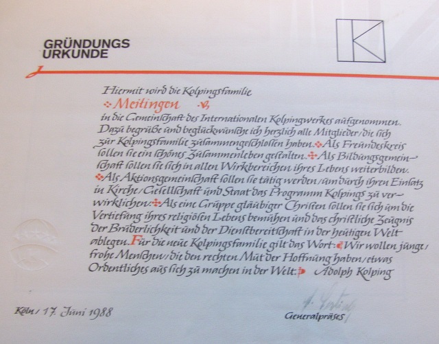 Foto der Gr&uuml;ndungsurkunde der Kolpingsfamilie Meitingen